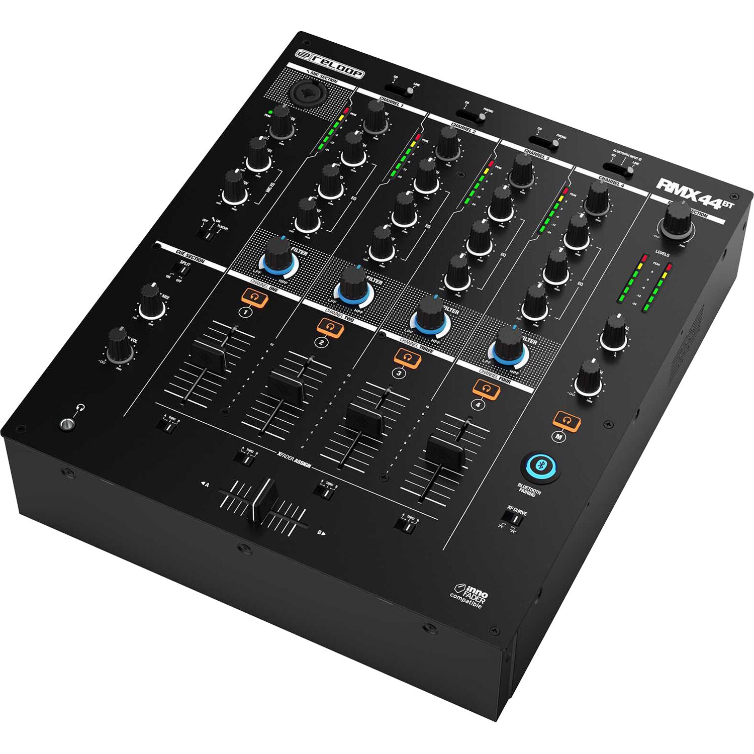 Reloop RMX-44 BT DJ mixer with four channels and sleek design, featuring controls and connections for professional use.