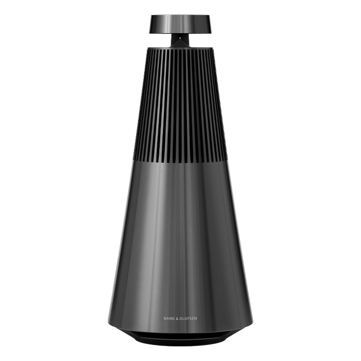 Bang & Olufsen Beosound 2 3rd Gen wireless speaker showing sleek black cylindrical design and control buttons on top.