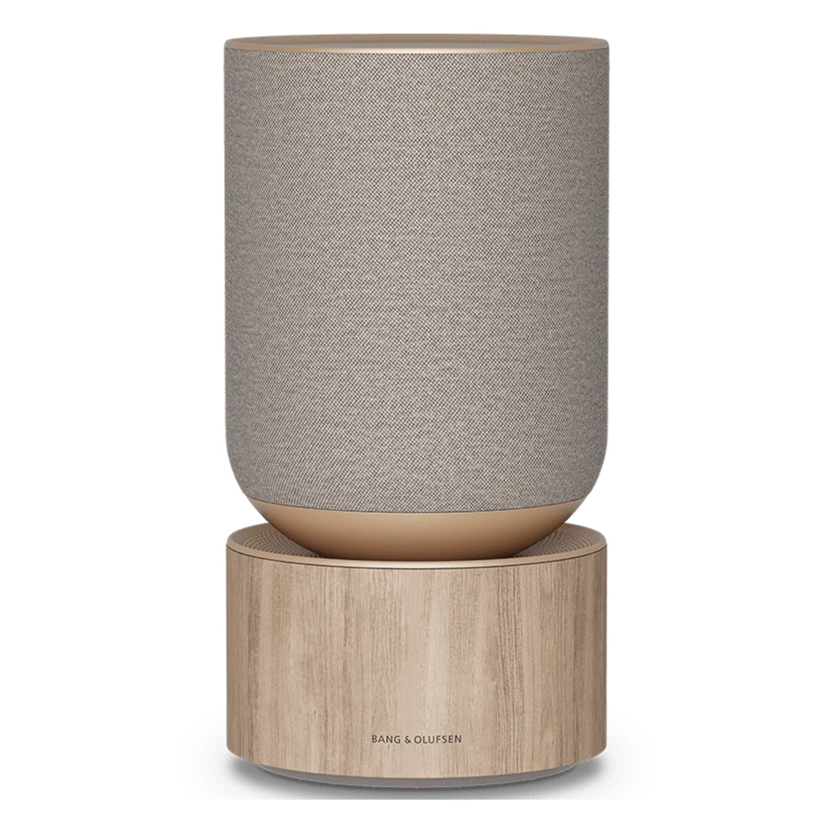 Bang & Olufsen Beosound Balance wireless speaker in natural oak finish, showcasing its sleek, modern design and front view.