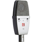 sE Electronics T1 condenser microphone with sleek black body and grille, designed for studio recording and professional audio capture.