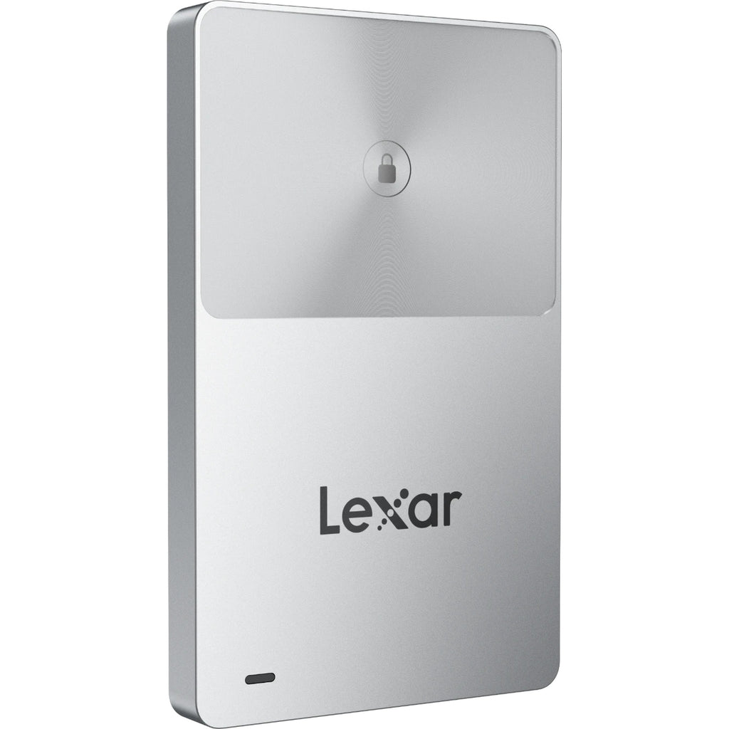 Lexar TouchLock Portable SSD external drive with sleek black design and secure fingerprint lock system.