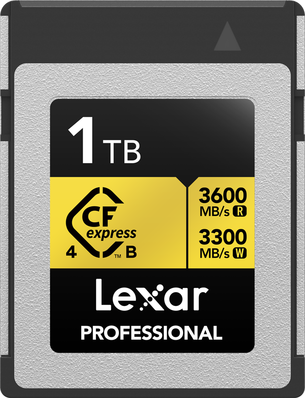 Lexar CFexpress 4.0 Pro Gold memory card with fast read/write speeds, designed for professional photography and videography.