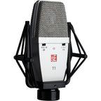 sE Electronics T1 condenser microphone with metal grille and studio shock mount, ideal for professional recording and vocals.