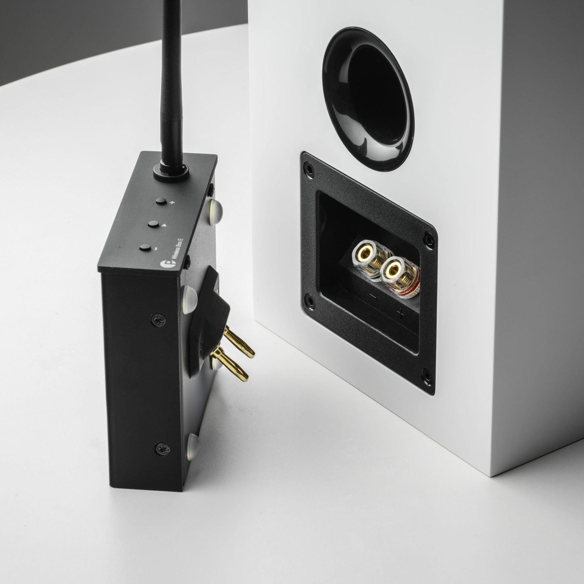 Pro-Ject Wireless Box E Bluetooth and Wi-Fi audio receiver connected to a home audio system.