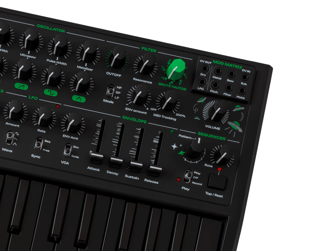 Arturia MicroBrute UFO keyboard synthesizer with compact design and various control knobs, ideal for music production.