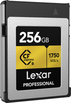 Lexar CFexpress Pro Gold R1750/W1500 memory card, high-performance storage accessory with gold branding and detailed labeling.
