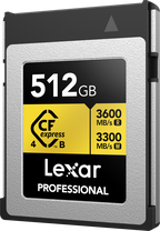 Lexar CFexpress 4.0 Pro Gold memory card with R3600/W3300 read/write speeds, designed for high-performance camera accessories