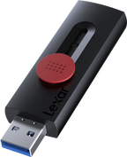 Lexar Jumpdrive D300 R100 USB 3.2 flash drive with USB-A and USB-C ports, shown with its sleek, compact design.