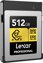 Lexar CFexpress 4.0 Pro Gold memory card showing R3600/W3300 read/write speeds, durable design, and branding details.