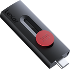 Lexar Jumpdrive D300 R100 USB 3.2 flash drive with USB-A and USB-C ports, compact and portable data storage device.