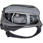 Canon R5 camera inside the Think Tank MindShift PhotoCross Sling V2 camera bag, designed for video equipment and gear protection.