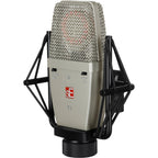 SE Electronics sE T1 condenser microphone with studio shock mount and pop filter for professional vocal recording.