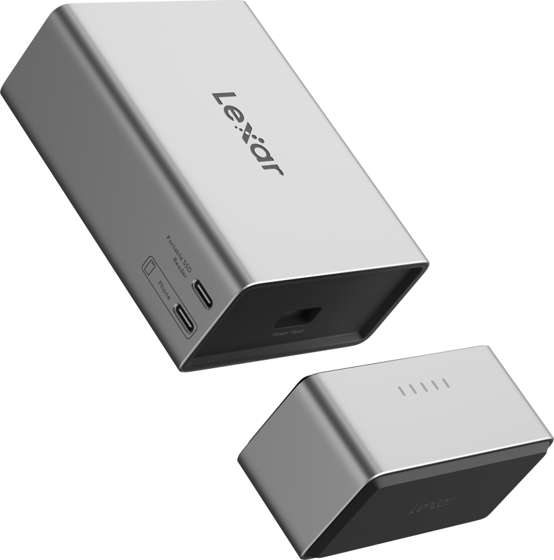 Lexar Workflow Go docking station with dual module bay, USB hubs, and multiple ports for efficient data transfer and device connectivity.