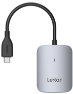 Lexar CFexpress Type A card reader with USB-A and USB-C ports, designed for fast data transfer from memory cards.