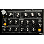 Moog Minitaur synthesizer with compact black keyboard and control knobs, showcasing its modern electronic music equipment design.
