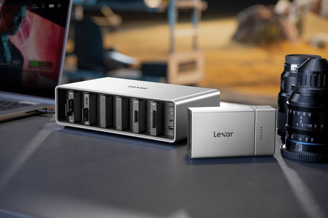 Lexar Workflow Go docking station with Thunderbolt 4 uplink and six-module bay for versatile data transfer and connectivity.