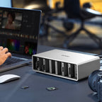 Lexar Workflow Go docking station with Thunderbolt 4 uplink and 6-module bay for professional data transfer and connectivity.