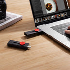 Lexar Jumpdrive D300 R100 USB 3.2 flash drive with USB-A and USB-C ports on a sleek, modern storage device.
