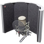 SE Electronics Reflexion Filter Space for vocal recording, showing the portable reflection filter with adjustable mount and sound absorption material.