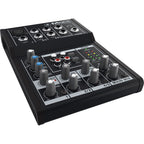Mackie Mix5 analog mixer with multiple input channels, knobs, and sliders for audio control and mixing.