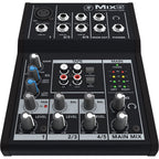 Mackie Mix5 analog mixer with multiple input channels, knobs, and controls for audio mixing and sound management.