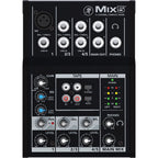 Mackie Mix5 analog mixer with multiple input channels, knobs, and faders, designed for audio mixing and sound control.