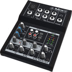 Mackie Mix5 analog mixer with multiple input channels and control knobs, compact audio mixing device.
