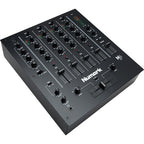 Numark M6 USB black DJ mixer with multiple channels, knobs, and input ports for professional DJ mixing setup.