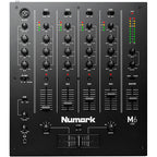 Black Numark M6 USB DJ mixer with multiple control knobs and input ports, designed for professional DJ setups.