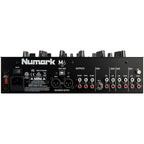 Black Numark M6 USB DJ mixer with multiple input channels and control knobs, designed for professional DJ setups.