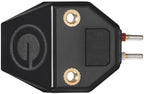 Goldring E4 turntable cartridge mounted on a turntable, showcasing its gold-colored stylus and cartridge body for high-quality vinyl playback.