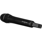 Sennheiser AVX-835 professional wireless microphone system with handheld mic and receiver showing controls and display.