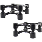 IsoAcoustics Aperta studio monitor stands with sleek design, supporting speakers for improved acoustic performance.