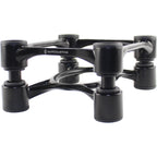 IsoAcoustics Aperta studio monitor stands with sleek black design, supporting speakers for optimal audio performance.