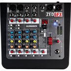 Allen & Heath ZED-6FX analog mixer with multiple input channels, knobs, and built-in effects, suitable for live and studio sound.