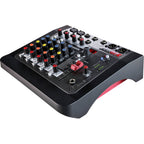 Allen & Heath ZED-6FX analog mixer with multiple input channels, EQ controls, and built-in effects for live sound and recording.