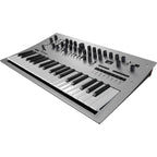 Korg Minilogue synthesizer with black control panel, knobs, and keyboard, showing front view of this compact analog synth.