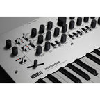 Korg Minilogue synthesizer with control knobs and keyboard, showcasing its compact design and versatile sound capabilities.
