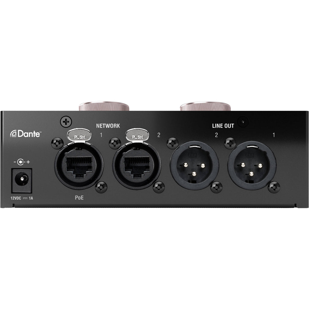 Focusrite RedNet AM2 studio monitor controller with multiple input ports and volume controls, designed for professional audio setup.