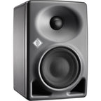 Neumann KH 80 DSP active nearfield monitors with sleek black cabinets and detailed speaker drivers for professional audio monitoring.