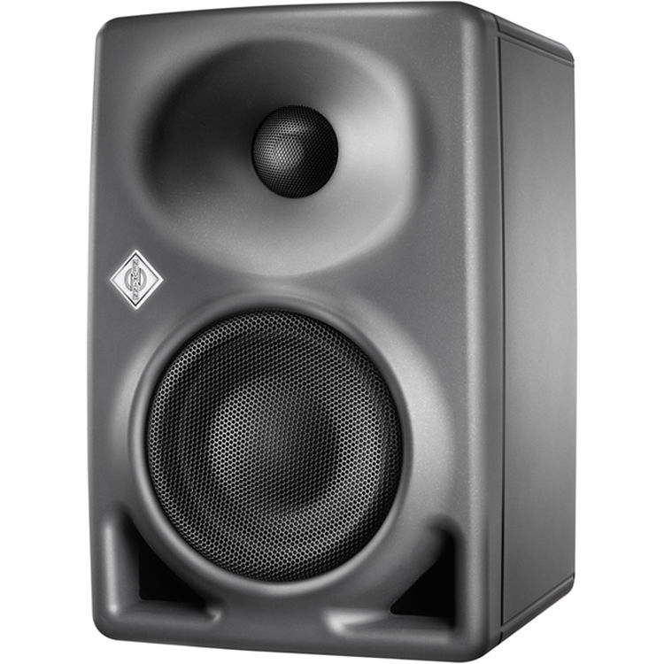 Neumann KH 80 DSP active nearfield monitors with sleek black enclosure and control panel, designed for professional audio monitoring.