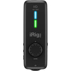 IK Multimedia iRig Pro I/O audio interface with XLR and 1/4-inch inputs, compact design for mobile recording and sound production.
