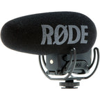 Rode VideoMic Pro+ camera microphone mounted on a camera, showing its compact design and directional microphone capsule.