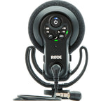 Rode VideoMic Pro+ camera microphone mounted on a camera, featuring a shock mount and windscreen for high-quality audio recording.