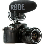 Rode VideoMic Pro+ camera microphone mounted on a camera, capturing audio for professional video recording.