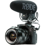 Rode VideoMic Pro+ camera microphone mounted on a camera rig, capturing professional audio for video recording.