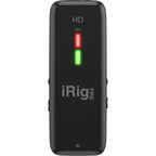 IK Multimedia iRig Pre HD audio interface with microphone input and control knobs, used for mobile recording and podcasting.