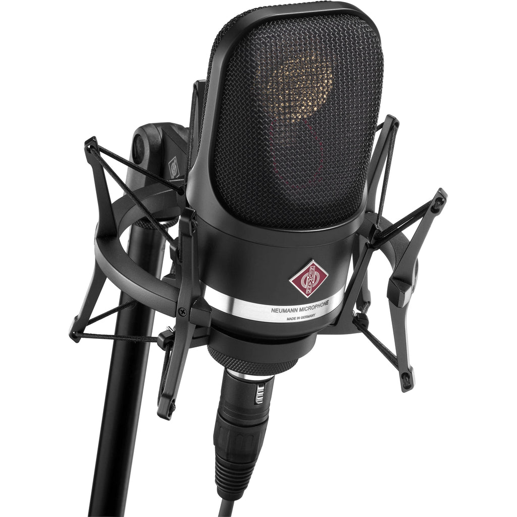 Neumann TLM 107 condenser microphone in studio setup, showing its sleek design and professional-grade build.