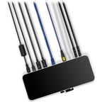 OWC Thunderbolt 14-Port Dock displaying multiple ports, connected to a laptop with cables, showcasing versatile connectivity options.