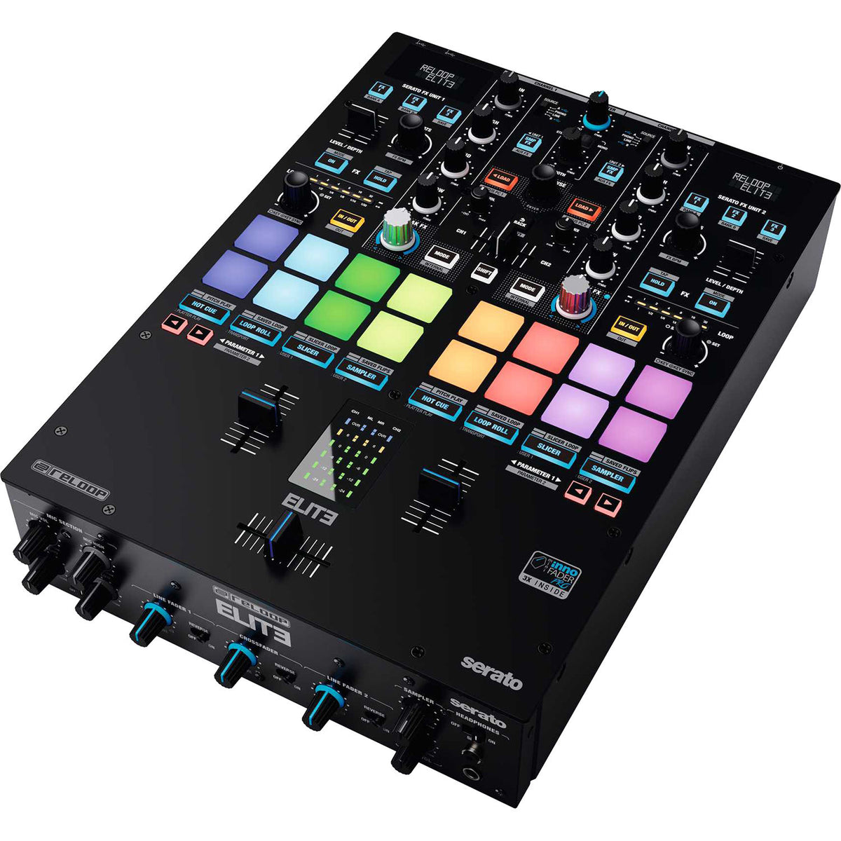Reloop ELITE DJ mixer with multiple channels, control knobs, and display screens for professional DJ setups.